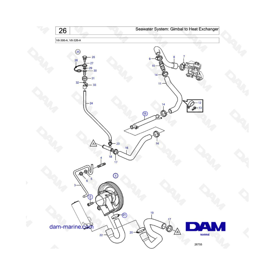 Volvo Penta V8-320 - Sistema de agua de mar: cardán a intercambiador de calor