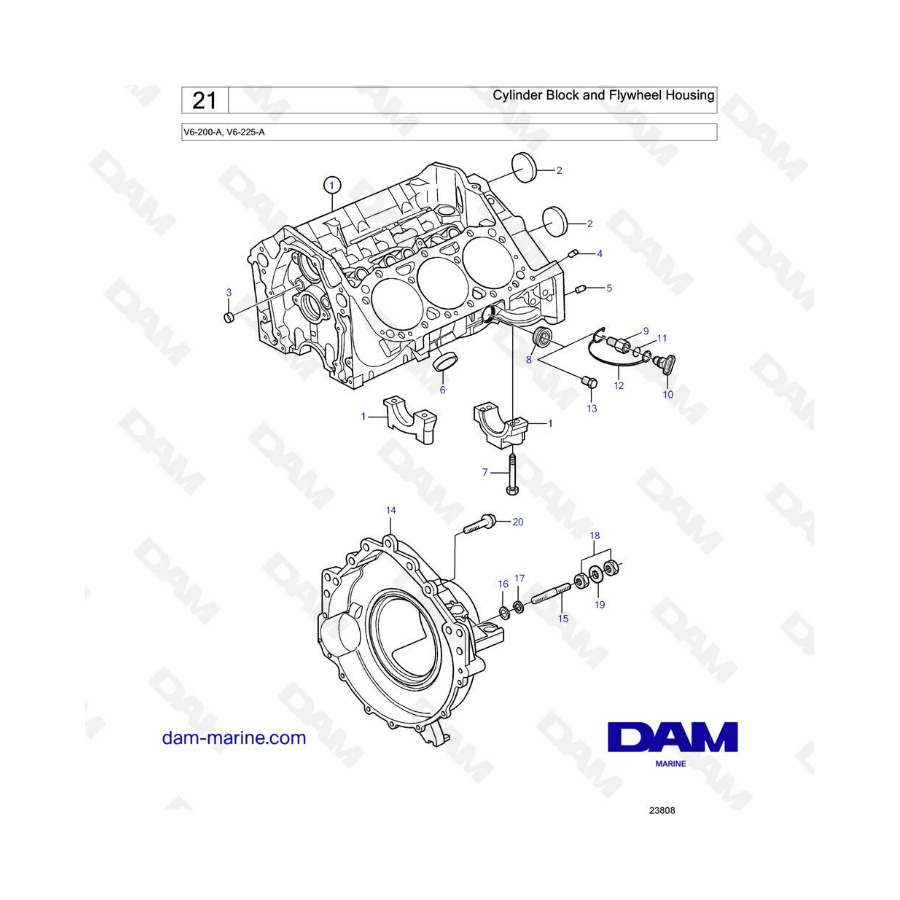 Volvo Penta V6-200 - Bloque de cilindros y carcasa del volante