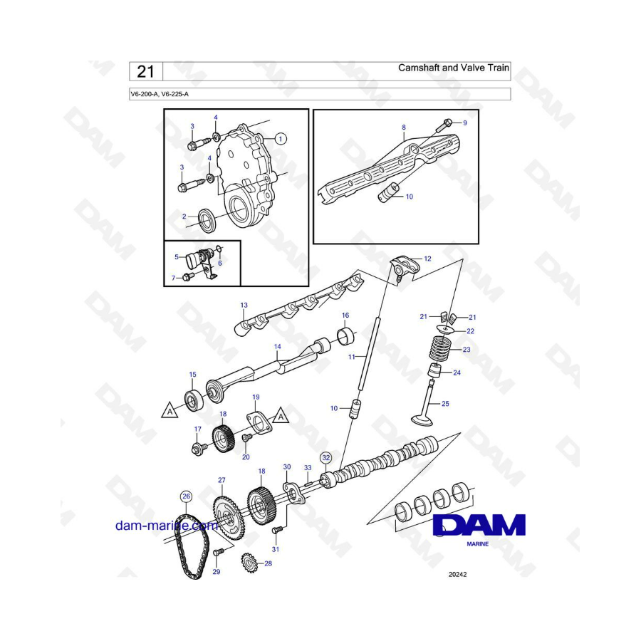 Volvo Penta V6-200 - Árbol de levas y tren de válvulas