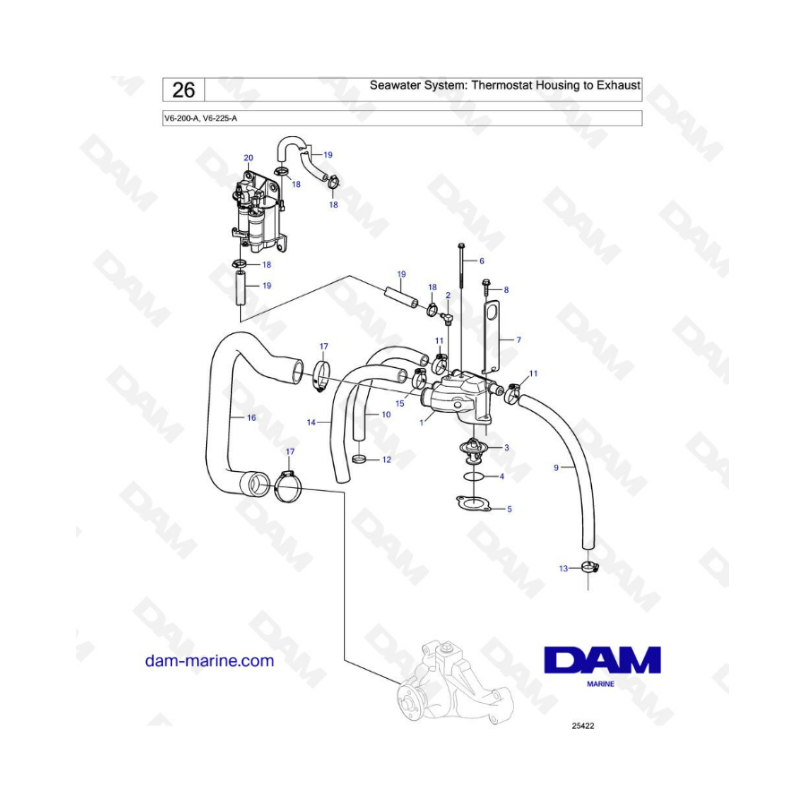 Volvo Penta V6-200 - Seawater system : thermostat housing to exhaust