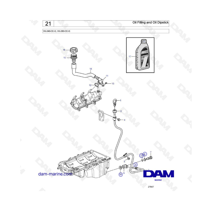 Volvo Penta V6-240 / V6-280 - Llenado de aceite y varilla de nivel de aceite