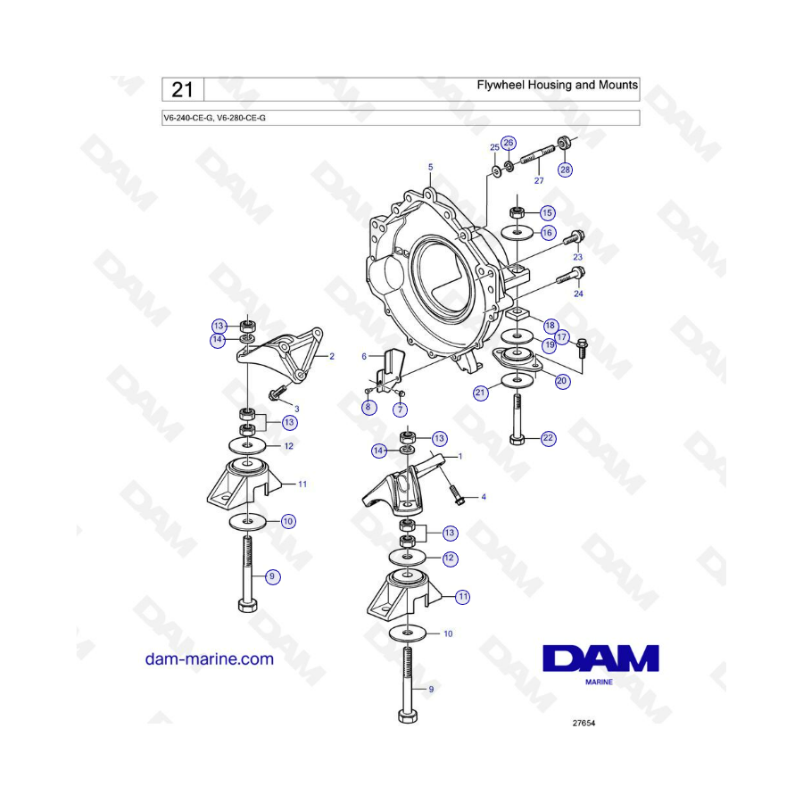 Volvo Penta V6-240 / V6-280 - Carcasa y soportes del volante