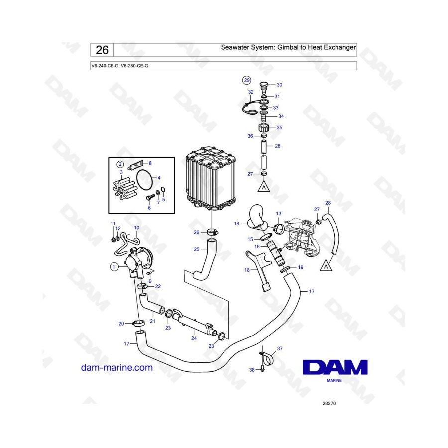 Volvo Penta V6-240 / V6-280 - Sistema de agua de mar: cardán a intercambiador de calor