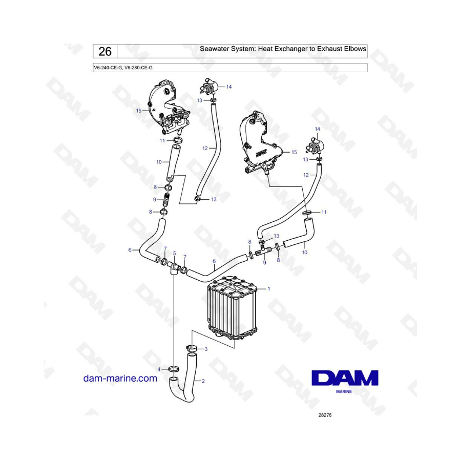 Volvo Penta V6-240 / V6-280 - Sistema de agua de mar: intercambiador de calor a codos de escape