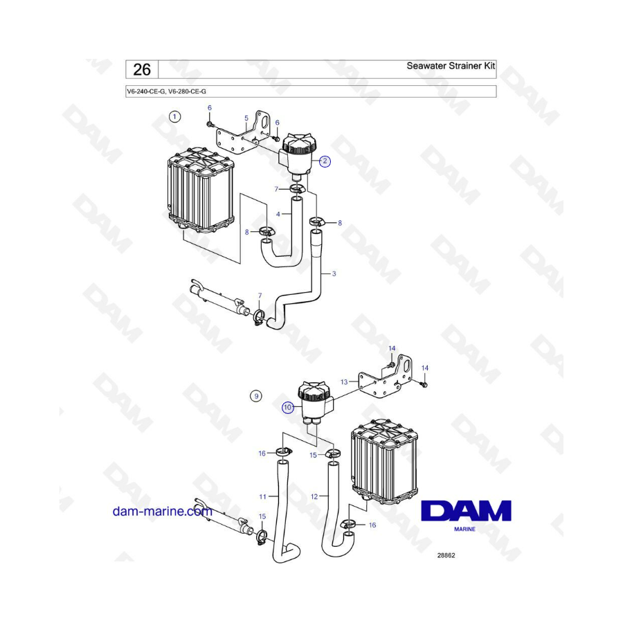 Volvo Penta V6-240 / V6-280 - Kit filtro agua de mar