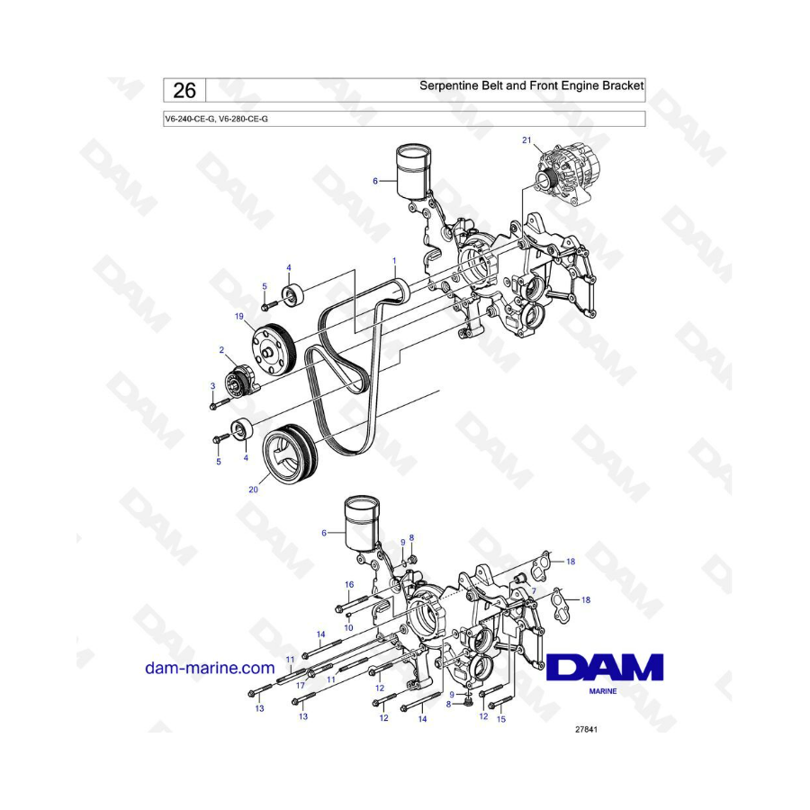 Volvo Penta V6-240 / V6-280 - Correa serpentina y soporte delantero del motor