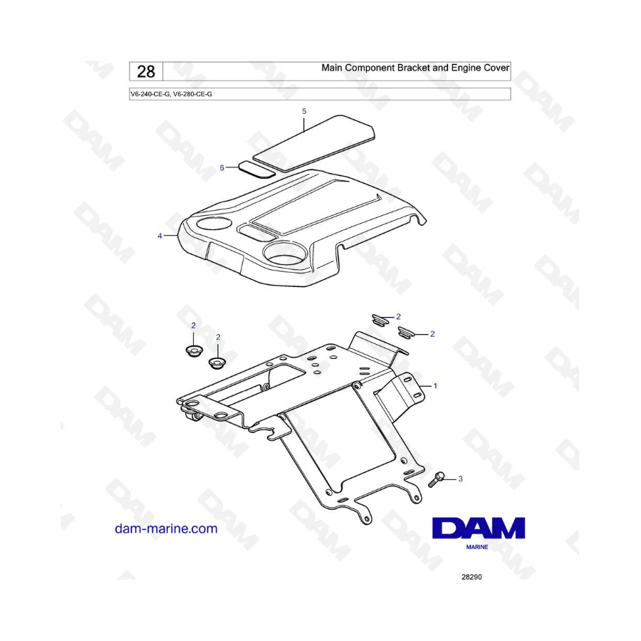 Volvo Penta V6-240 & V6-280 - Main component bracket & engine cover