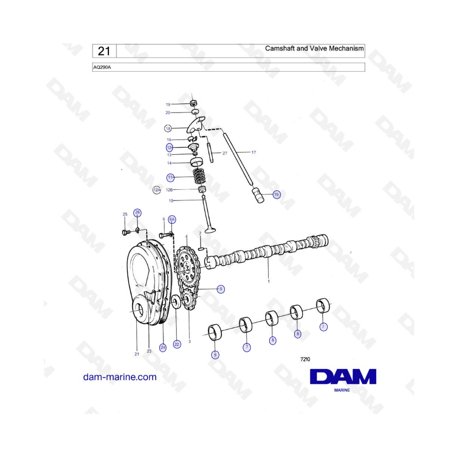 Volvo Penta AQ290A - Árbol de levas y mecanismo de válvula