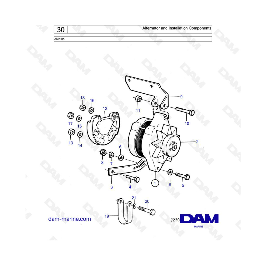 Volvo Penta AQ290A - Alternador y componentes de instalación