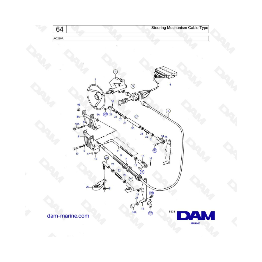 Volvo Penta AQ290A - Tipo de cable del mecanismo de dirección