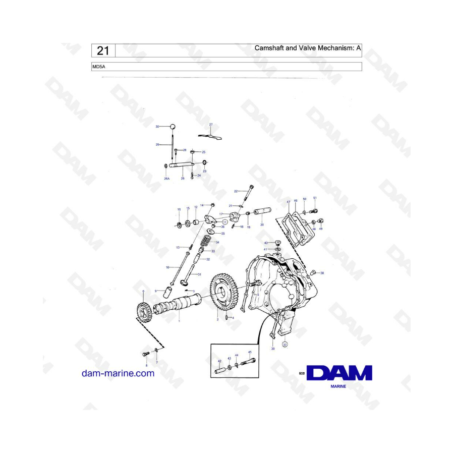 Volvo Penta MD5A - Árbol de levas y mecanismo de válvulas