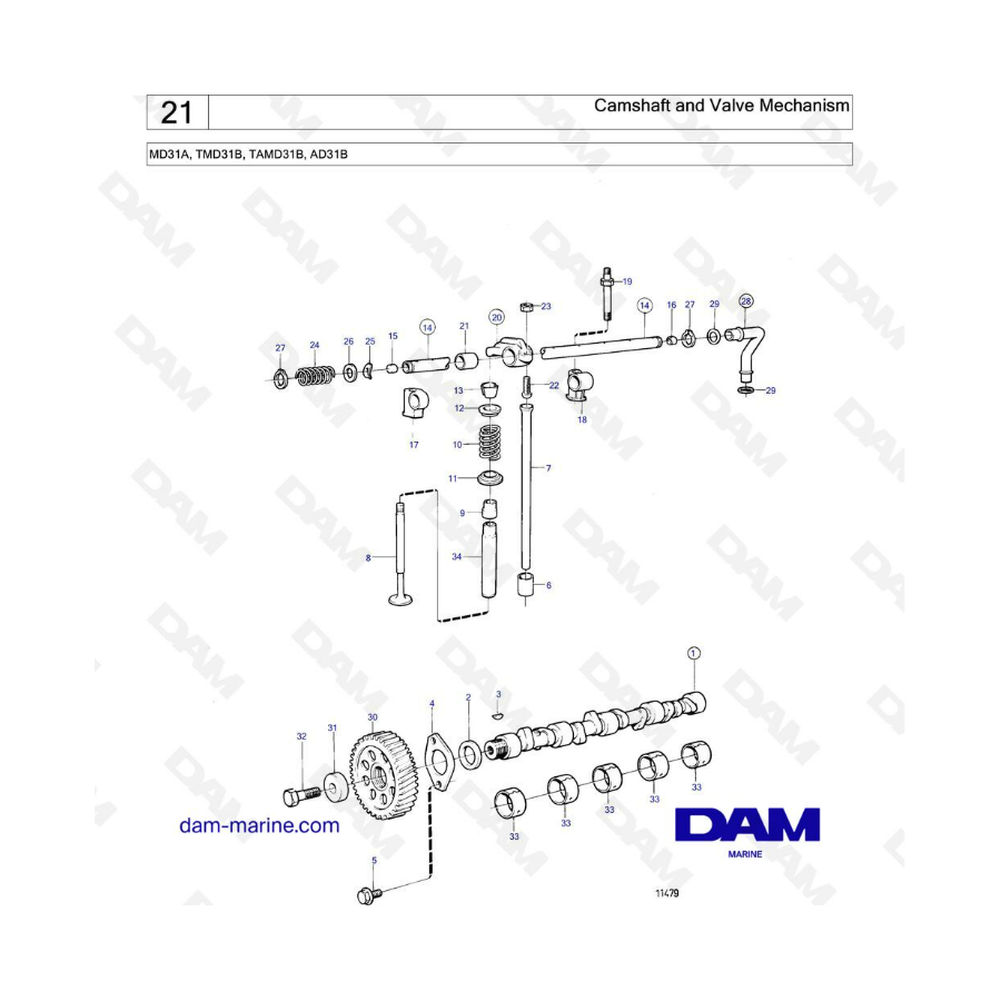 Volvo Penta MD31 / TMD31 / TAMD31 / AD31 - Árbol de levas y mecanismo de válvula