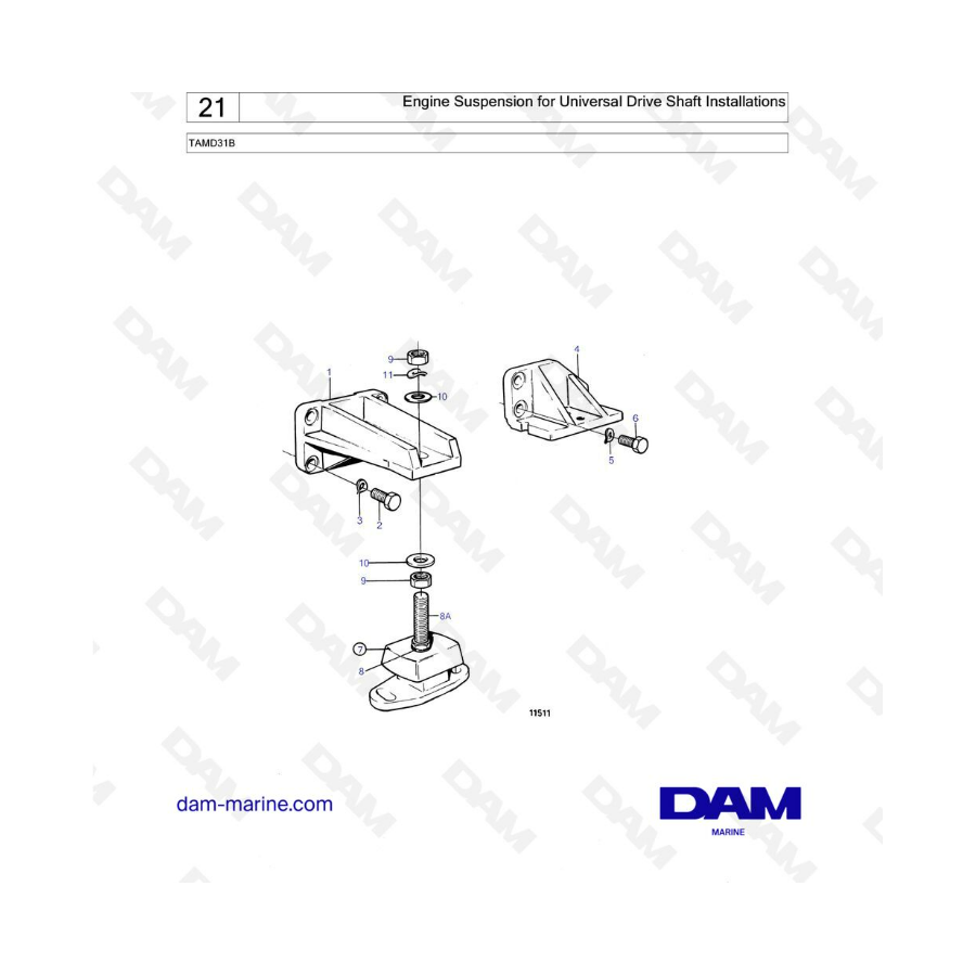 Volvo Penta TAMD31 - Suspensión del motor para instalación de eje de transmisión universal