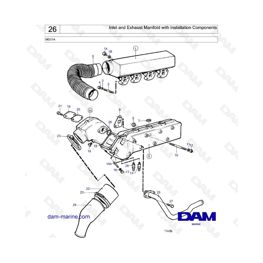 Volvo Penta MD31 - Colector de admisión y escape con componentes de instalación