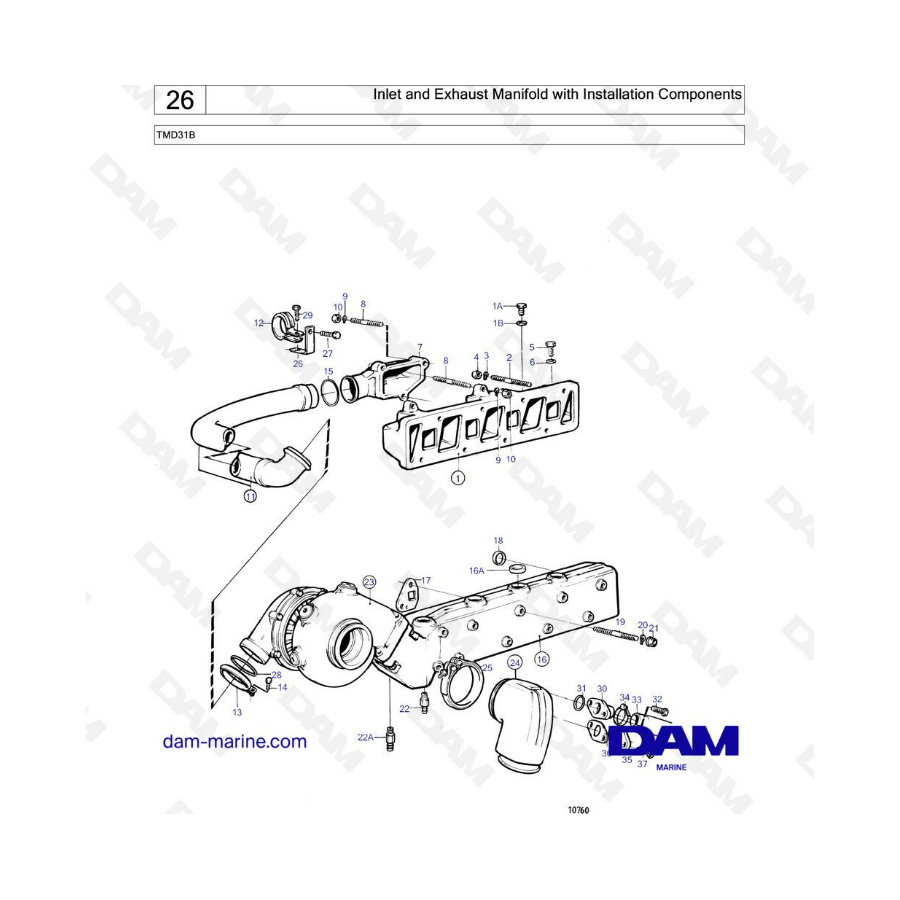 Volvo Penta TMD31 - Colector de admisión y escape con componentes de instalación