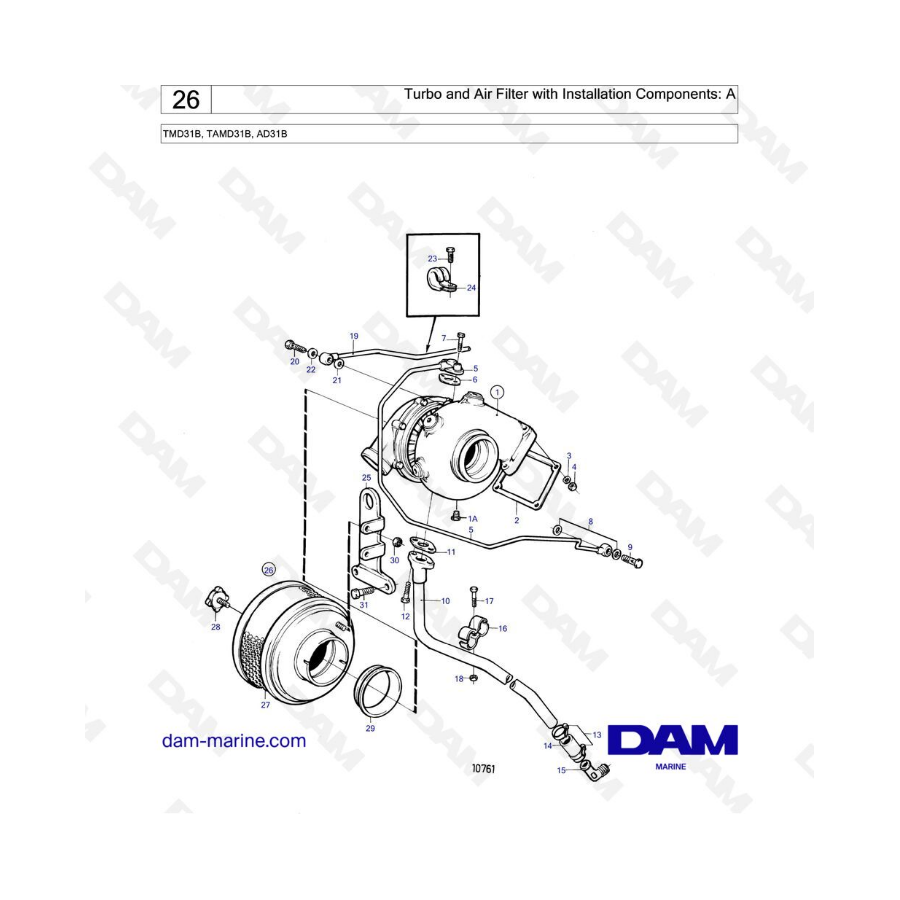 Volvo Penta TMD31 / TAMD31 / AD31 - Turbo & air filter with installation components