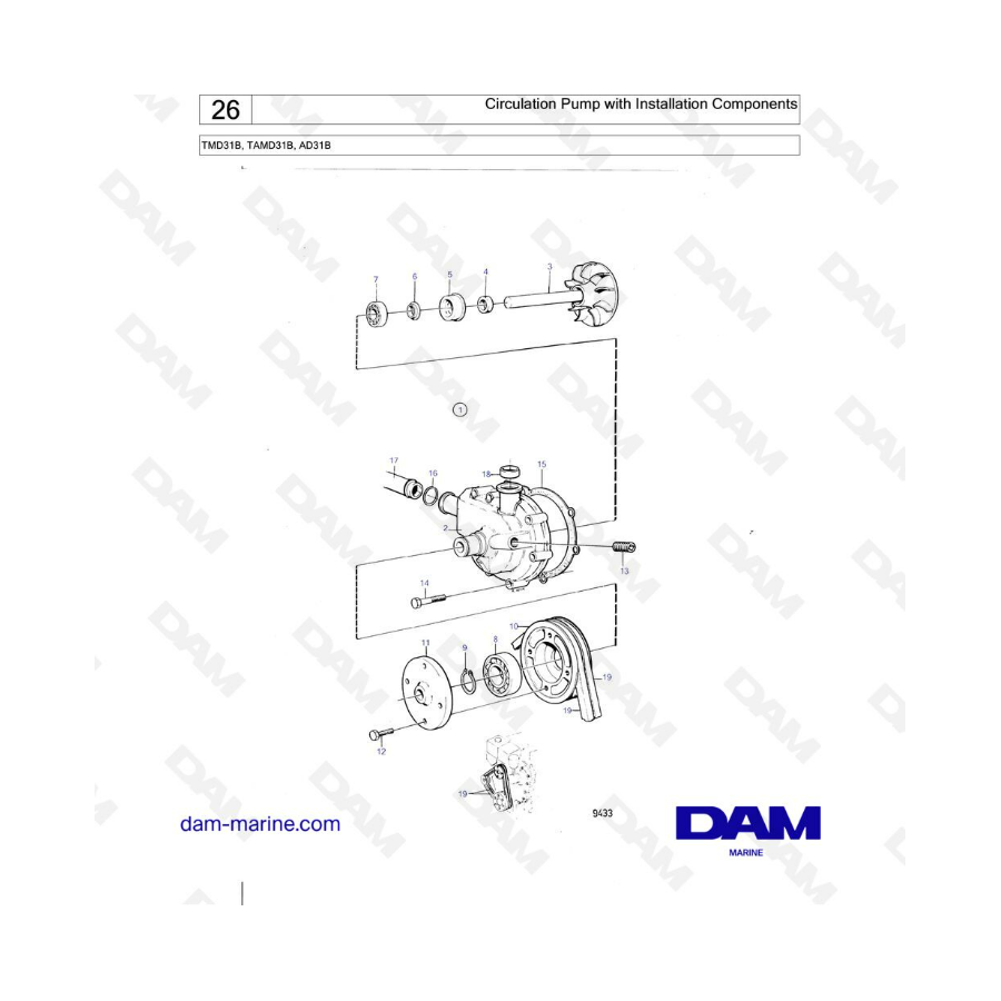 Volvo Penta AD31 / TMD31 / TAMD31 - Bomba de circulación con componentes de instalación