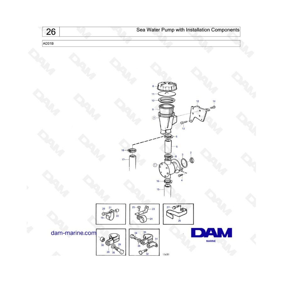 Volvo Penta AD31 - Sea water pump with installation components