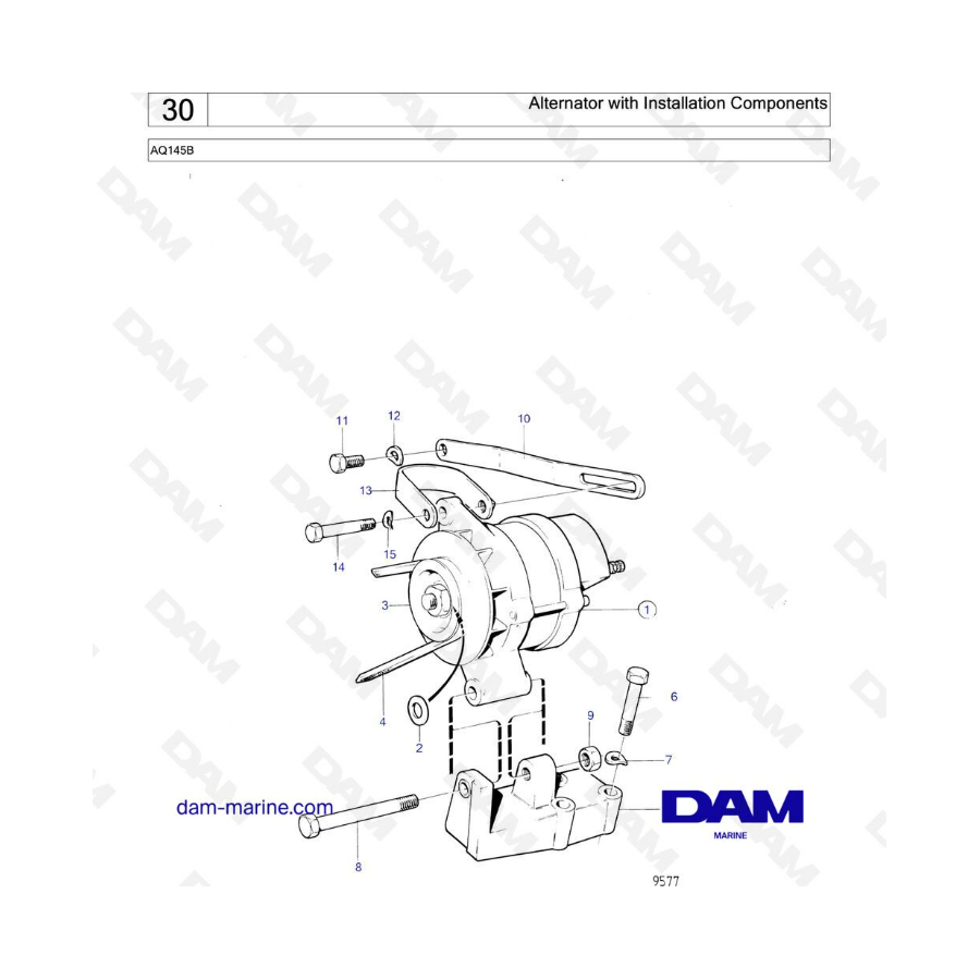 Volvo Penta AQ145 - Alternador con componentes de instalación