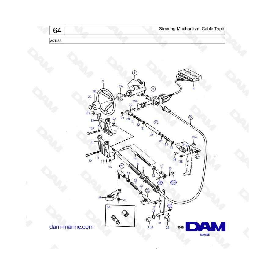 Volvo Penta AQ145 - Mecanismo de dirección, tipo cable