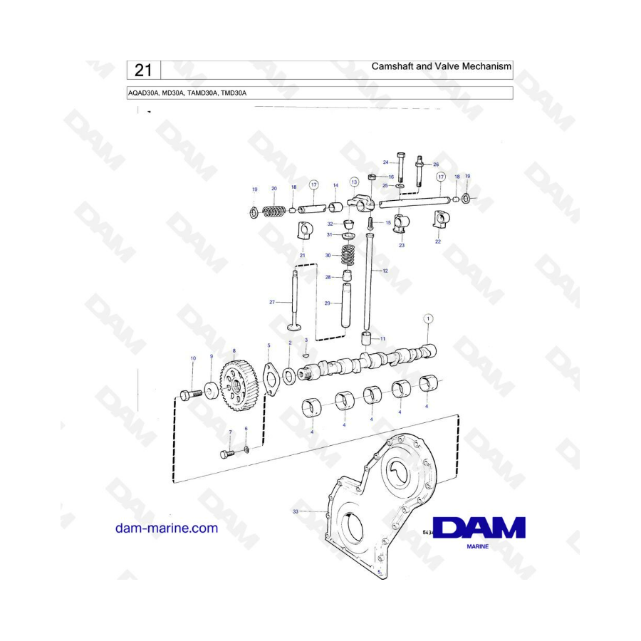 Volvo Penta AQAD30A / MD30A / TAMD30A / TMD30A - Árbol de levas y mecanismo de válvula