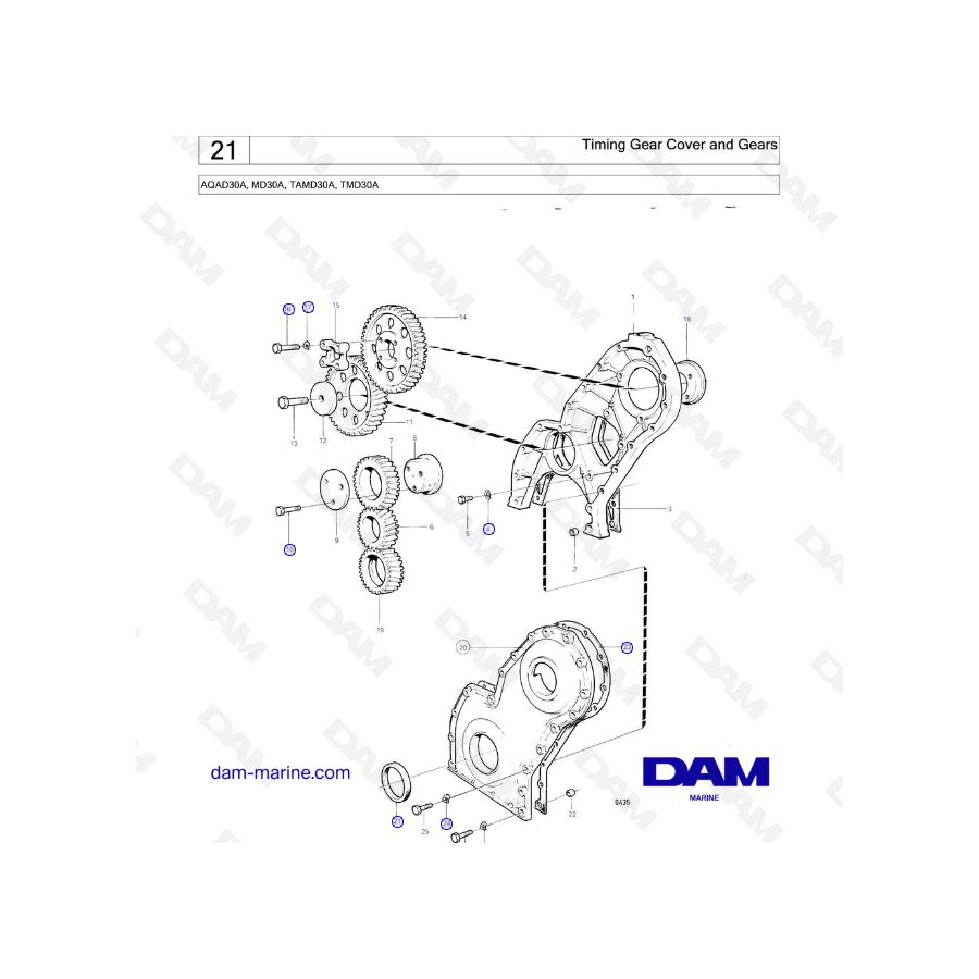 Volvo Penta AQAD30A / MD30A / TAMD30A / TMD30A - Cubierta y engranajes de distribución