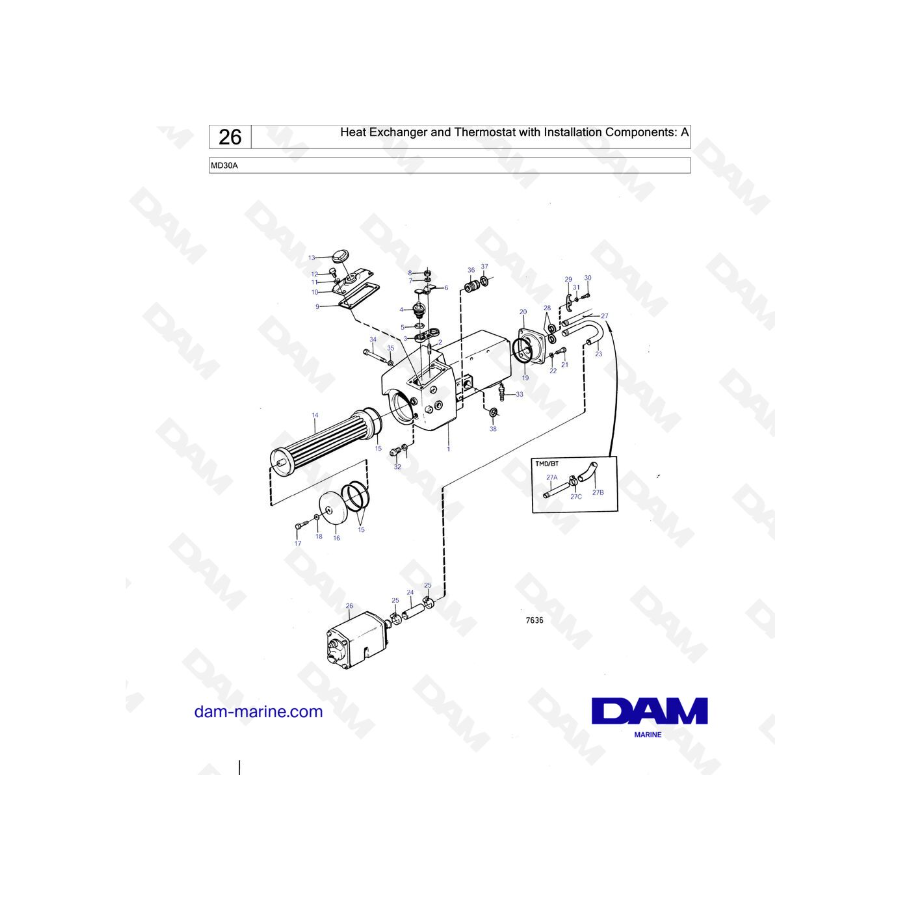 Volvo Penta MD30A - Intercambiador de calor y termostato con componentes de instalación: A