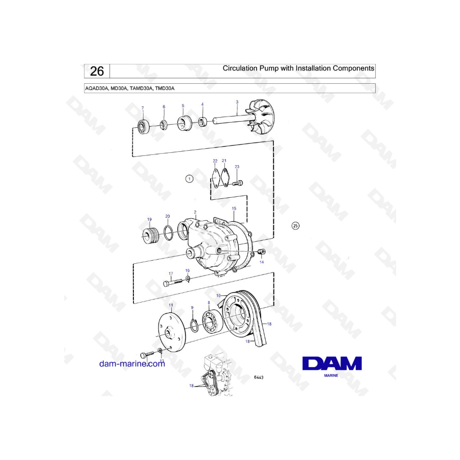 Volvo Penta AQAD30A / MD30A / TAMD30A / TMD30A - Bomba de circulación con componentes de instalación