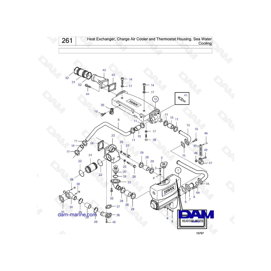 Volvo Penta MD2010 - Intercambiador de calor, enfriador de aire de carga y carcasa del termostato, refrigeración por agua de mar