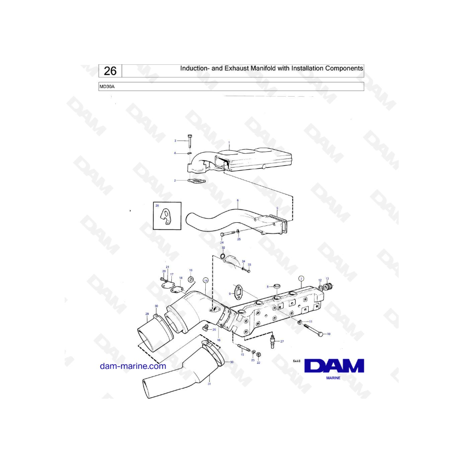 Volvo Penta MD30A - Colector de admisión y escape con componentes de instalación