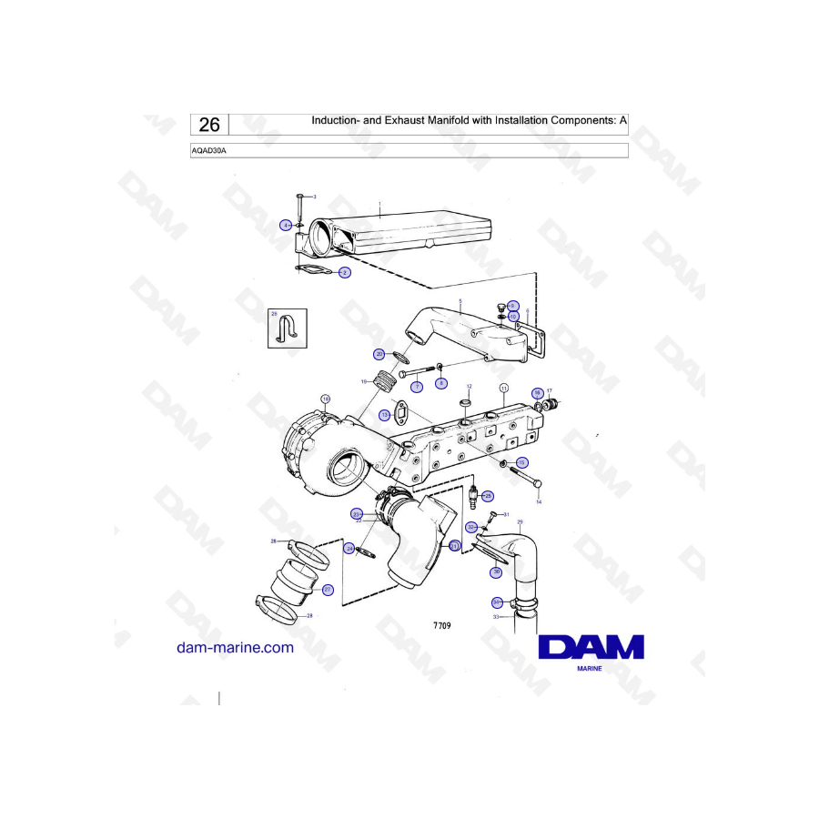 Volvo Penta AQAD30A - Colector de admisión y escape con componentes de instalación: A