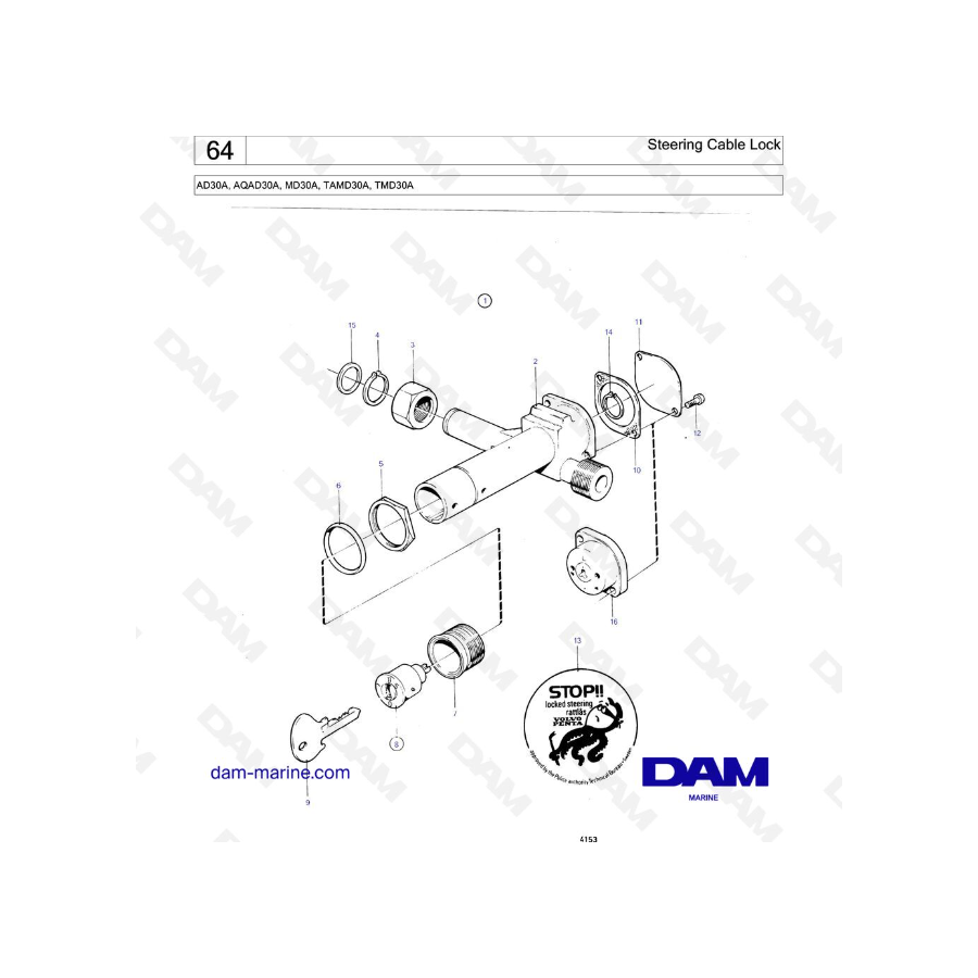 Volvo Penta AD30A / AQAD30A / MD30A / TAMD30A / TMD30A - Bloqueo de cable de dirección