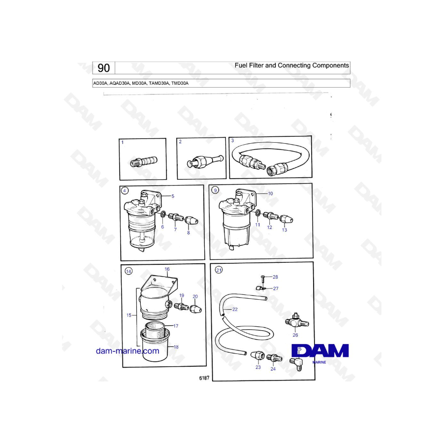 Volvo Penta AD30A / AQAD30A / MD30A / TAMD30A / TMD30A - Filtro de combustible y componentes de conexión