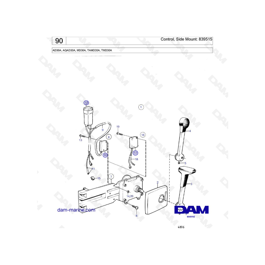 Volvo Penta AD30A / AQAD30A / MD30A / TAMD30A / TMD30A - Control, montaje lateral: 839515