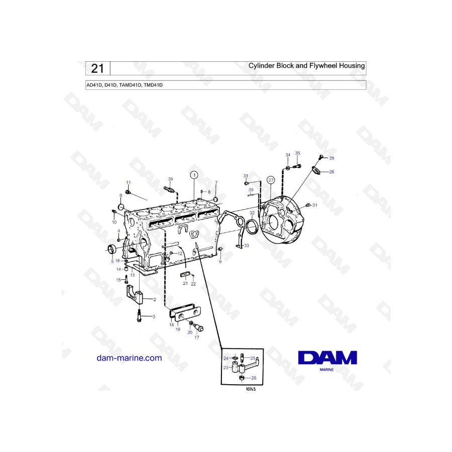 Volvo Penta AD41D / D41D/ TAMD41D / TMD41D - Bloque de cilindros y carcasa del volante