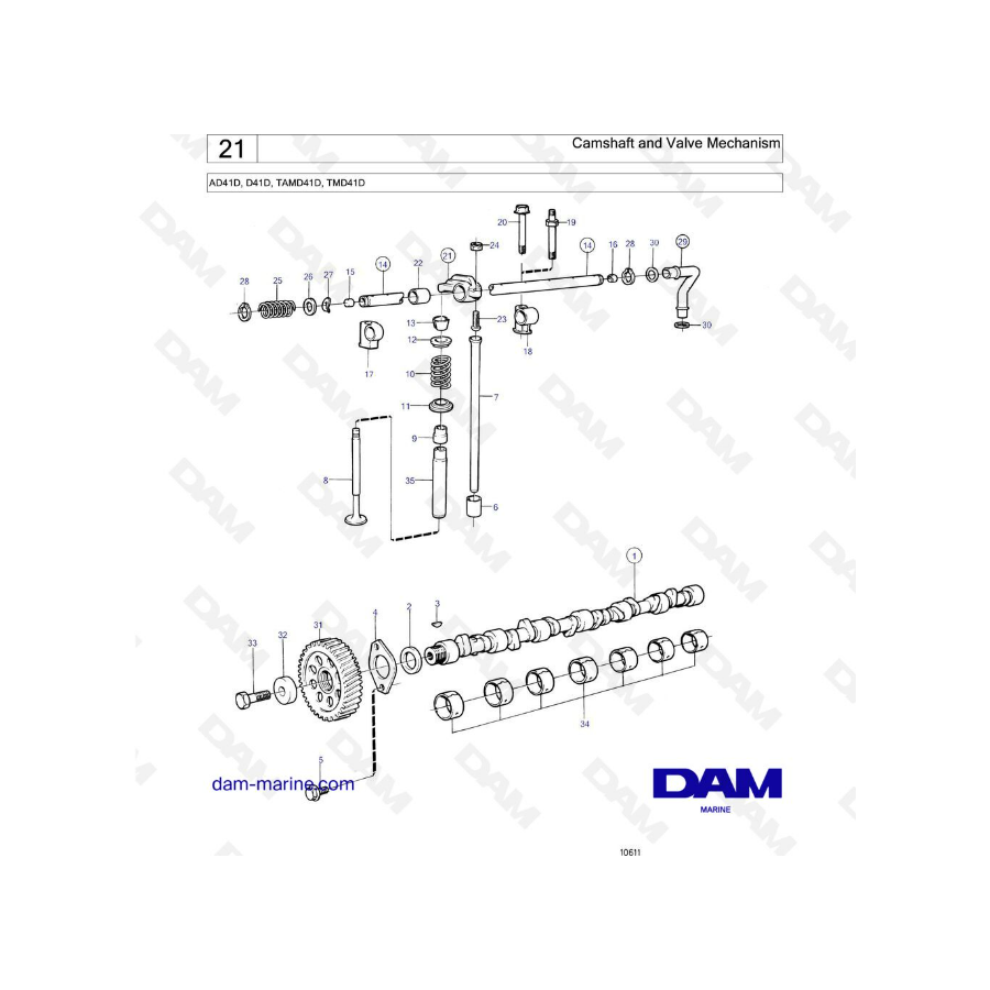 Volvo Penta AD41D / D41D/ TAMD41D / TMD41D - Árbol de levas y mecanismo de válvulas