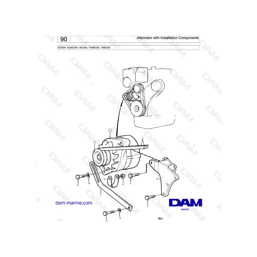 Volvo Penta AD30A / AQAD30A / MD30A / TAMD30A / TMD30A - Alternador con componentes de instalación