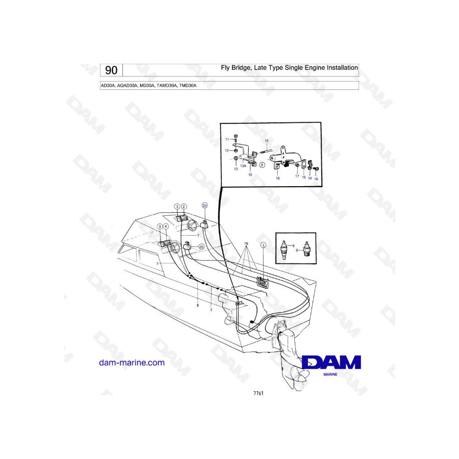 Volvo Penta AD30A / AQAD30A / MD30A / TAMD30A / TMD30A - Fly Bridge, instalación de motor único de tipo reciente