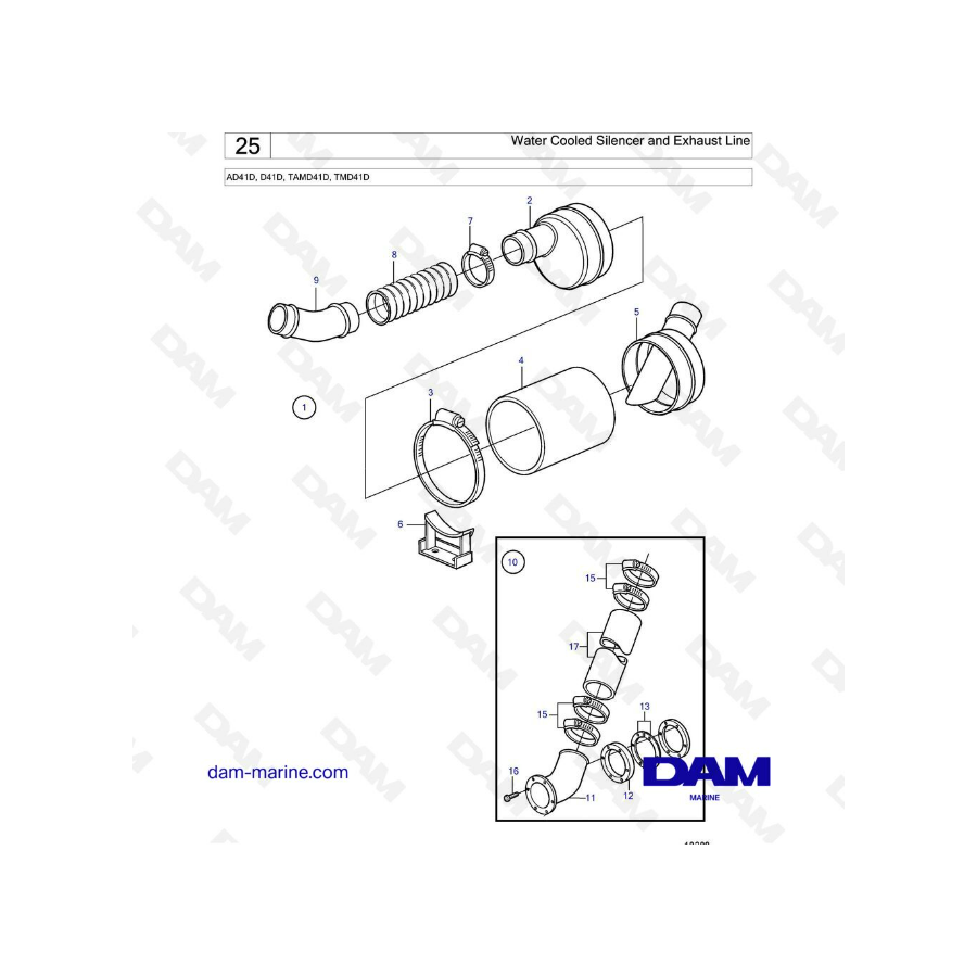 Volvo Penta AD41D / D41D / TAMD 41 / TMD41D - Water cooled silencer and exhaust line