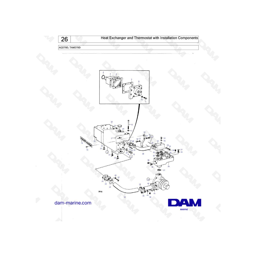 Volvo Penta TAMD70D - Intercambiador de calor y termostato con componentes de instalación