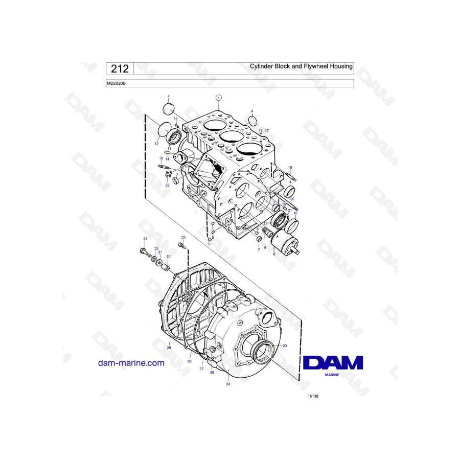 Volvo Penta MD2020B - Bloque de cilindros y carcasa del volante