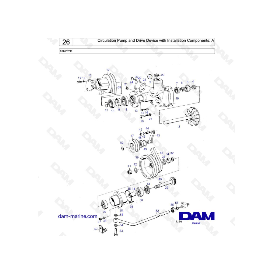 Volvo Penta TAMD70D - Bomba de circulación y dispositivo de accionamiento con componentes de instalación: A