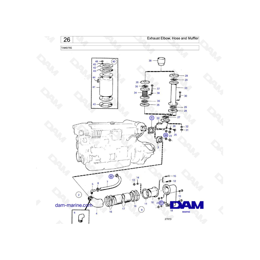 Volvo Penta TAMD70E - Codo de escape, manguera y silenciador