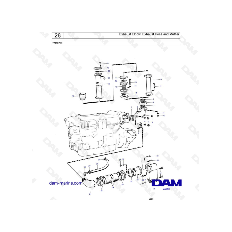 Volvo Penta TAMD70D - Codo de escape, manguera de escape y silenciador