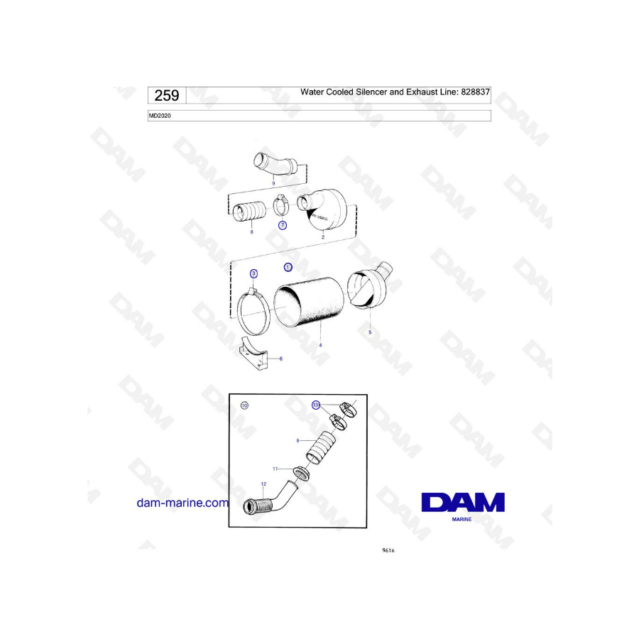 Volvo Penta MD2020B - Water cooled silencer and exhaust line