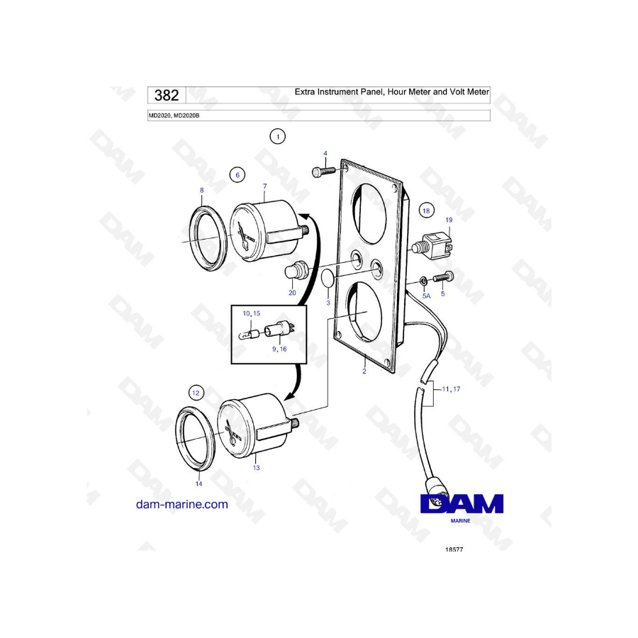 Volvo Penta MD2020B - Extra instrument panel,  hour meter & volt meter