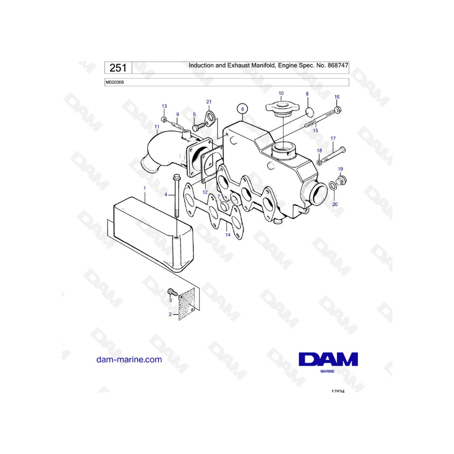 Volvo Penta MD2030 / MD2030B - Induction and exhaust manifold, engine spec no 868747