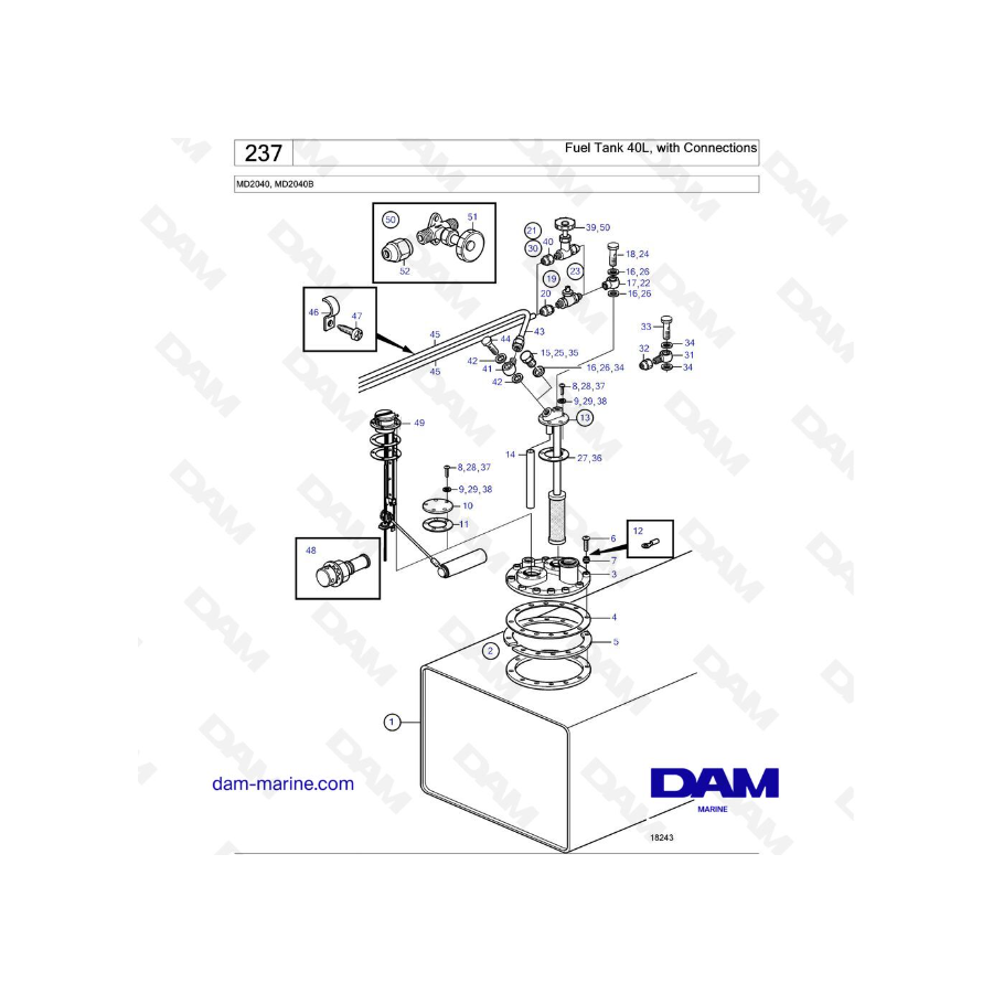 Volvo Penta MD2040 / MD2040B - Fuel Tank 40L, with Connections