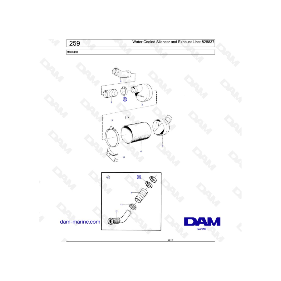 Volvo Penta MD2040B - Water Cooled Silencer and Exhaust Line: 828837