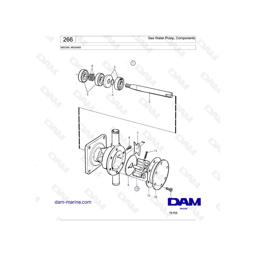 Volvo Penta MD2040 / MD2040B - Bomba de agua de mar, componentes